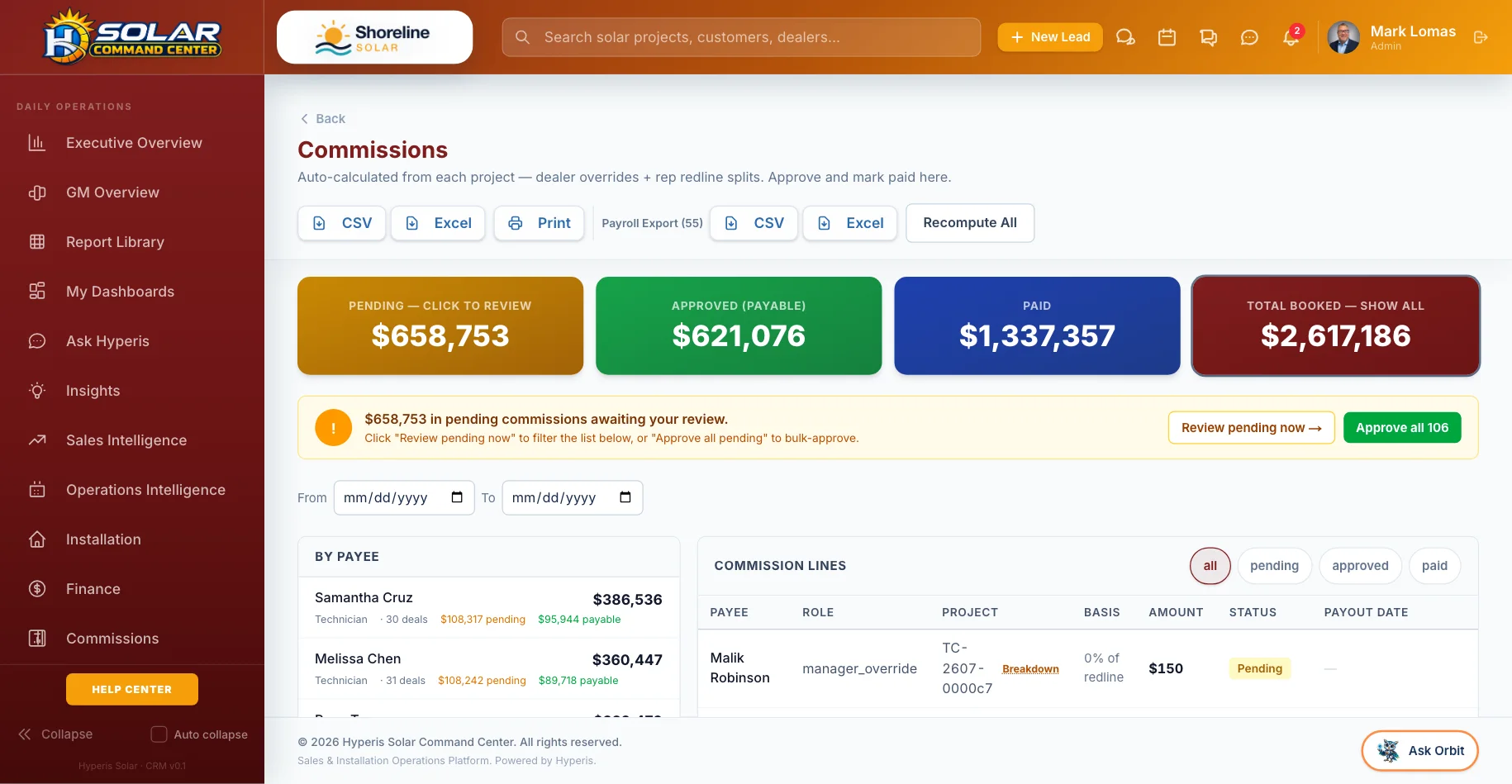 Command Center: Commissions — Calculated, approved and paid, with clawbacks tracked