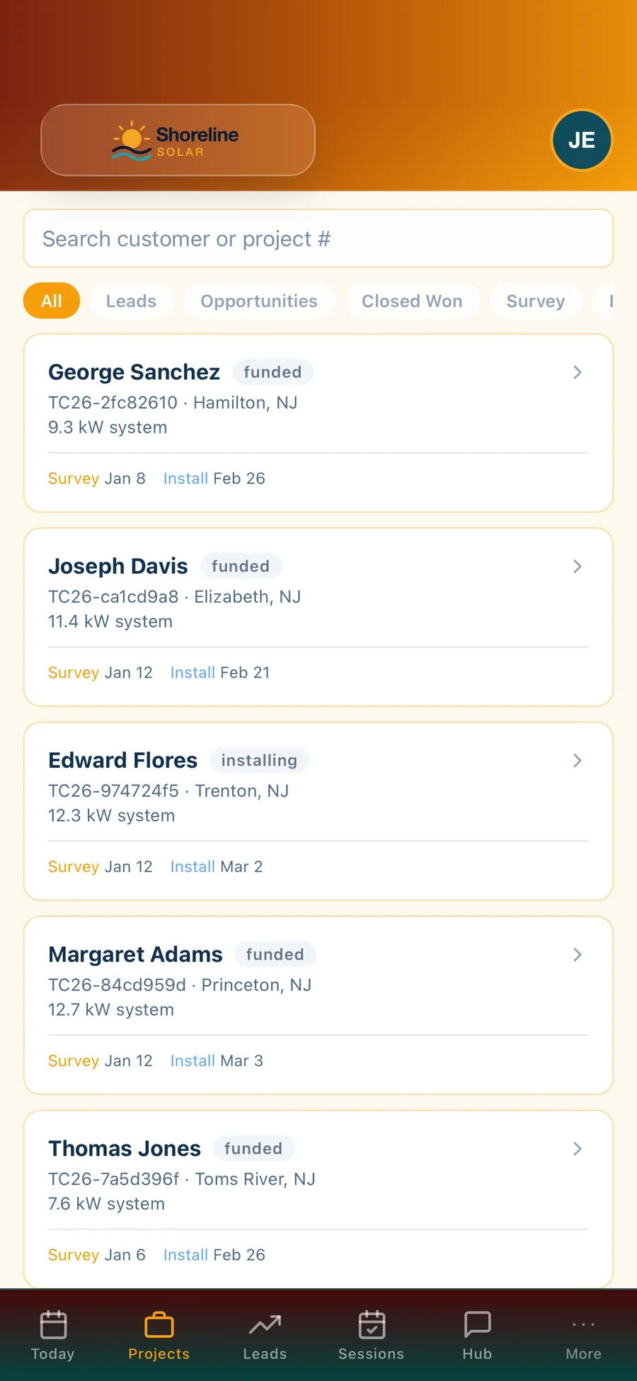 Field Command: Projects — Every customer, stage, survey and install date